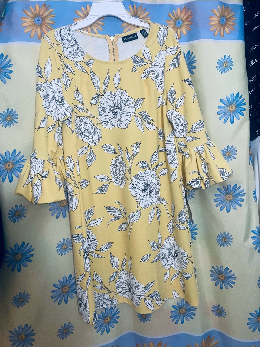Nina Leonard Yellow Floral Mini Dress with White Floral Print